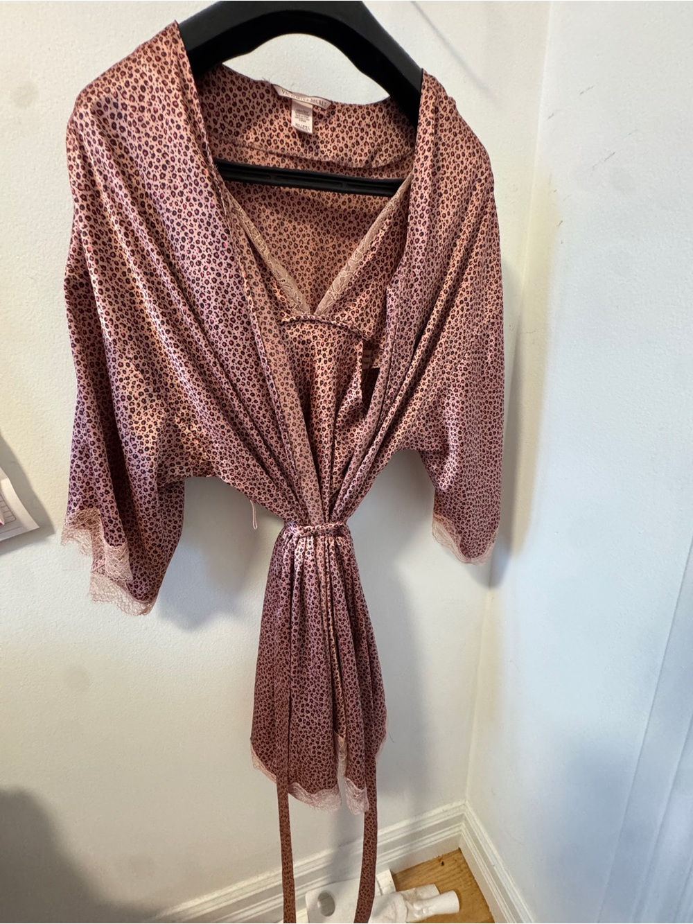 Women's Pink Animal Print Satin Robe with Lace Trim Victoria secret